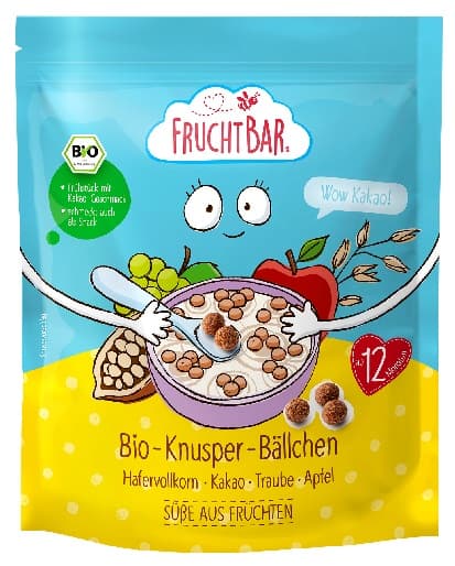 FruchtBar Bio ropogós kakós golyócskák zab, kakaó, szőlő, alma 12 hónapos kortól