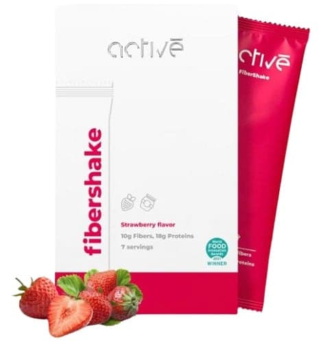 High protein shake powder with fiber, sugar and sweeteners. Strawberry flavored