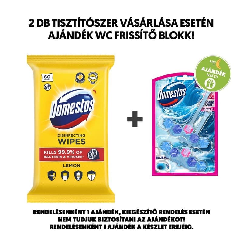 Domestos Lemon fertőtlenítő hatású higiénikus törlőkendő, 60 db