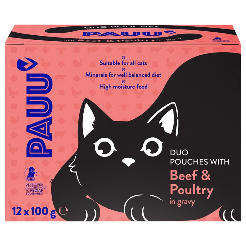 Pauu cat pouches with poultry and fish in sauce