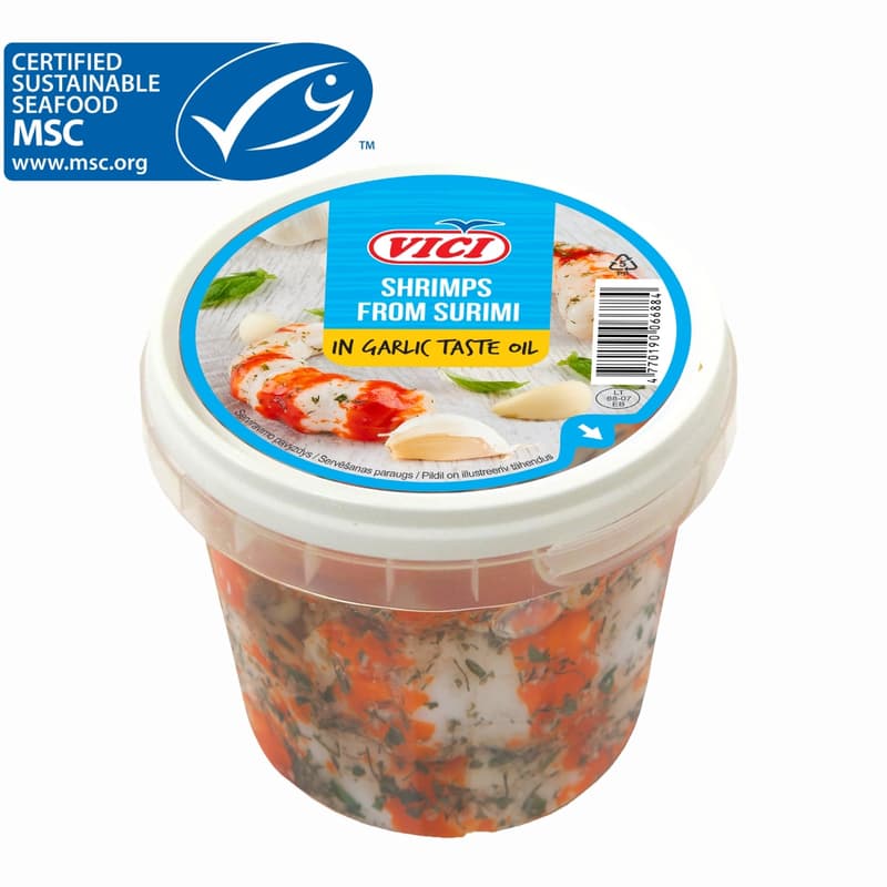Surimi shrimps in garlic taste oil, 6x320g MSC