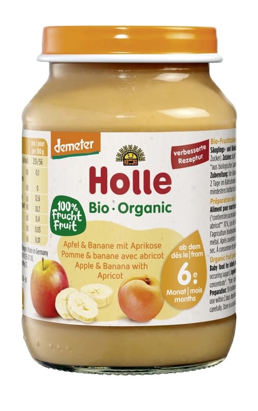 Holle Bio Alma, banán sárgabarack üveges bébiétel 6 hónapos kortól, demeter