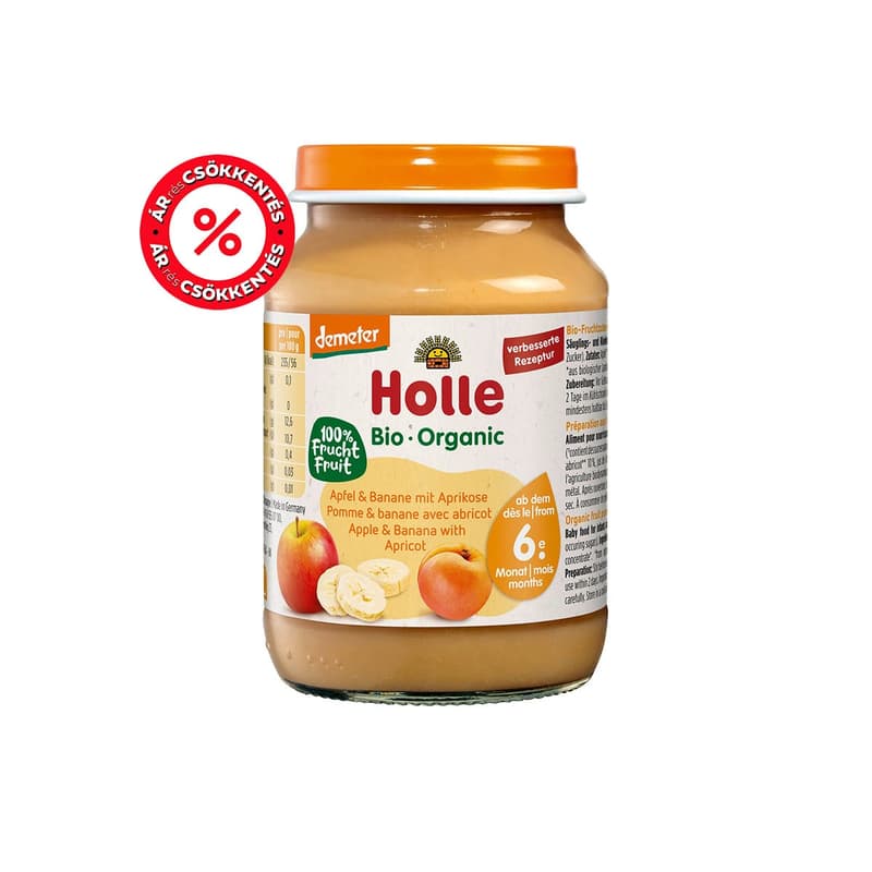 Holle Bio Alma, banán sárgabarack üveges bébiétel 6 hónapos kortól, demeter