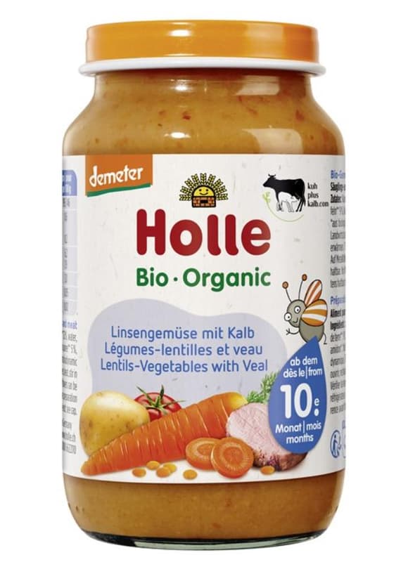 Holle Bio Vöröslencse, zöldségekkel és borjúhússal üveges bébiétel 10 hónapos kortól, demeter
