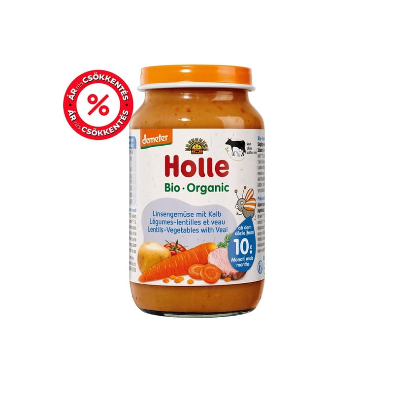 Holle Bio Vöröslencse, zöldségekkel és borjúhússal üveges bébiétel 10 hónapos kortól, demeter