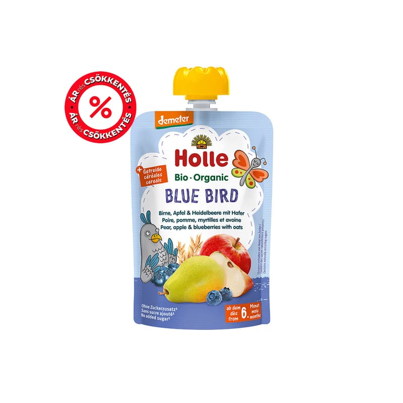 Holle Bio Blue Bird - Tasak körte, alma és áfonya zabbal 8 hónapos kortól, demeter