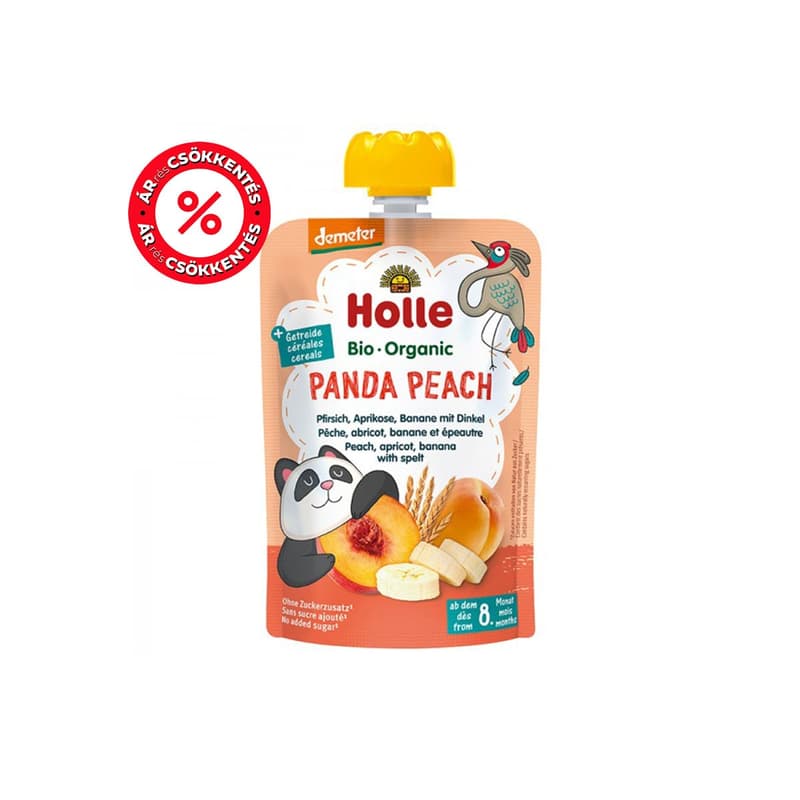 Holle Bio Panda Peach - Tasak őszibarack, sárgabarack,banán, tönkölybúza 8 hónapos kortól, demeter