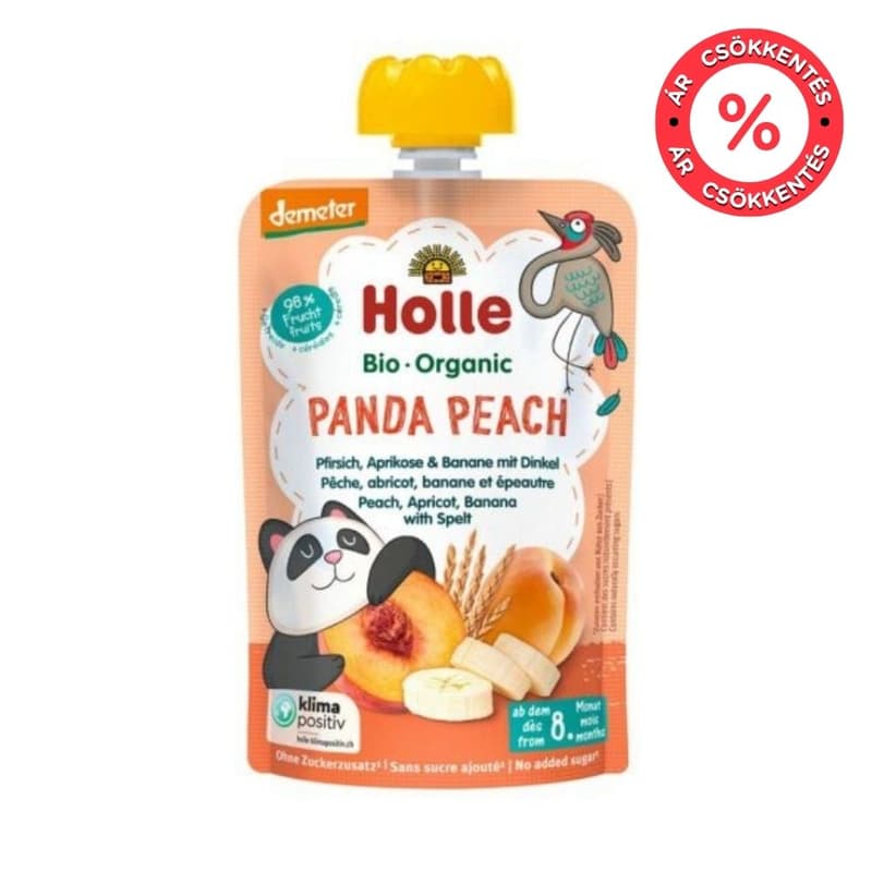 Holle Bio Panda Peach - Tasak őszibarack, sárgabarack,banán, tönkölybúza 8 hónapos kortól, demeter