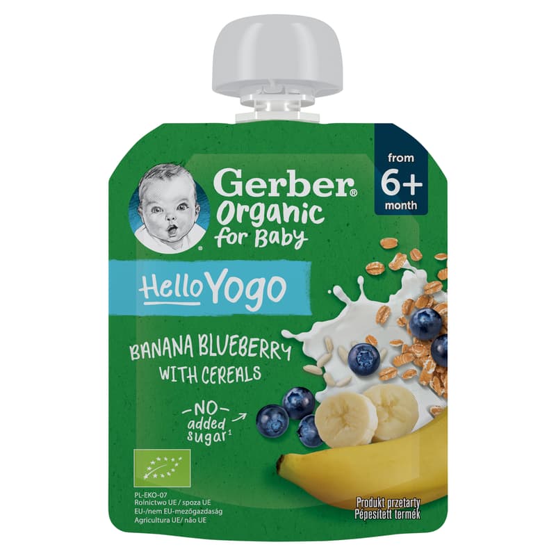 Gerber bio banán-áfonya gyümölcspüré fermentált tejkészítménnyel és gabonával 80g