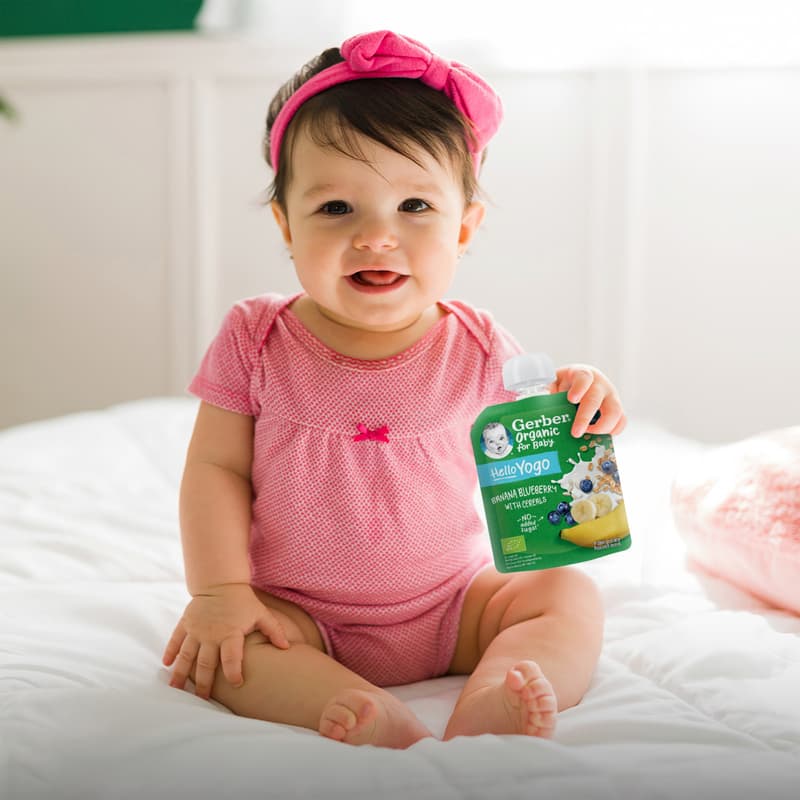 Gerber bio banán-áfonya gyümölcspüré fermentált tejkészítménnyel és gabonával 80g