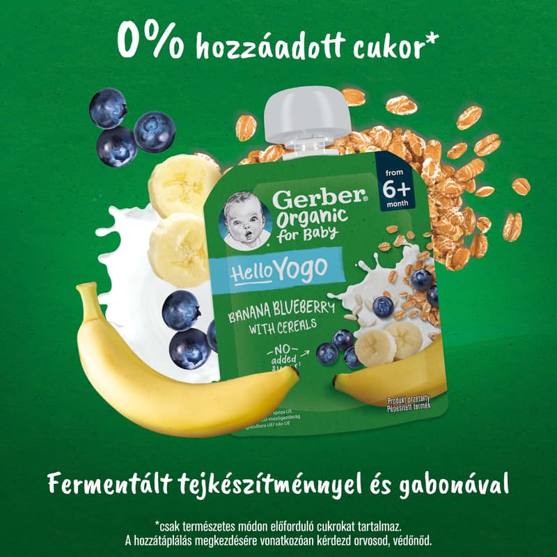 Gerber bio banán-áfonya gyümölcspüré fermentált tejkészítménnyel és gabonával 80g
