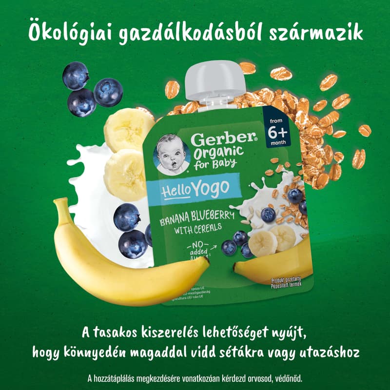 Gerber bio banán-áfonya gyümölcspüré fermentált tejkészítménnyel és gabonával 80g