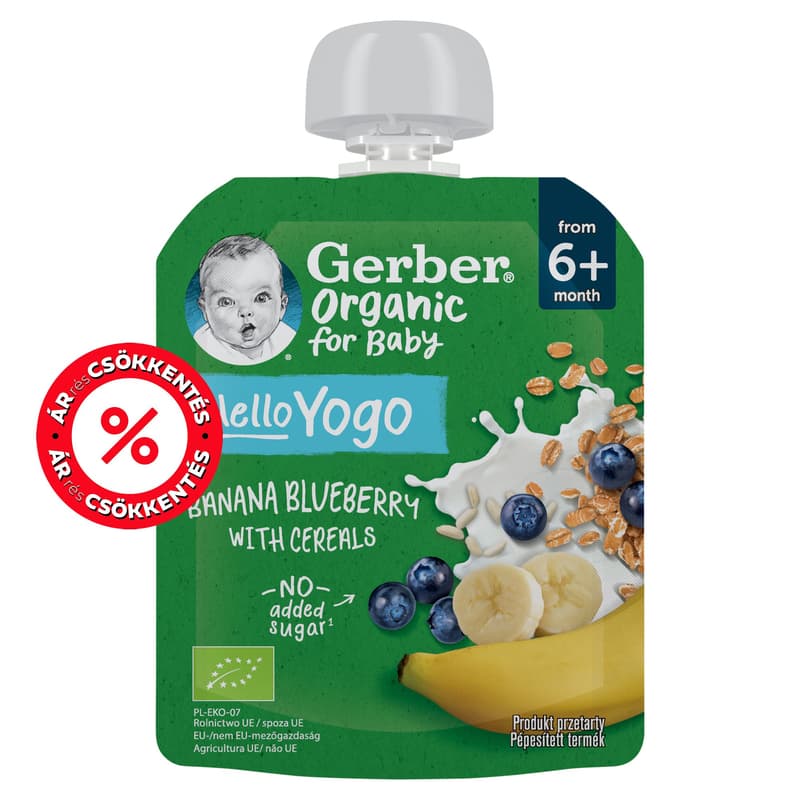 Gerber bio banán-áfonya gyümölcspüré fermentált tejkészítménnyel és gabonával 80g