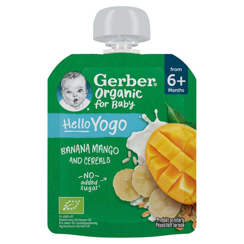 Gerber bio banán-mangó gyümölcspüré fermentált tejkészítménnyel és gabonával 80g