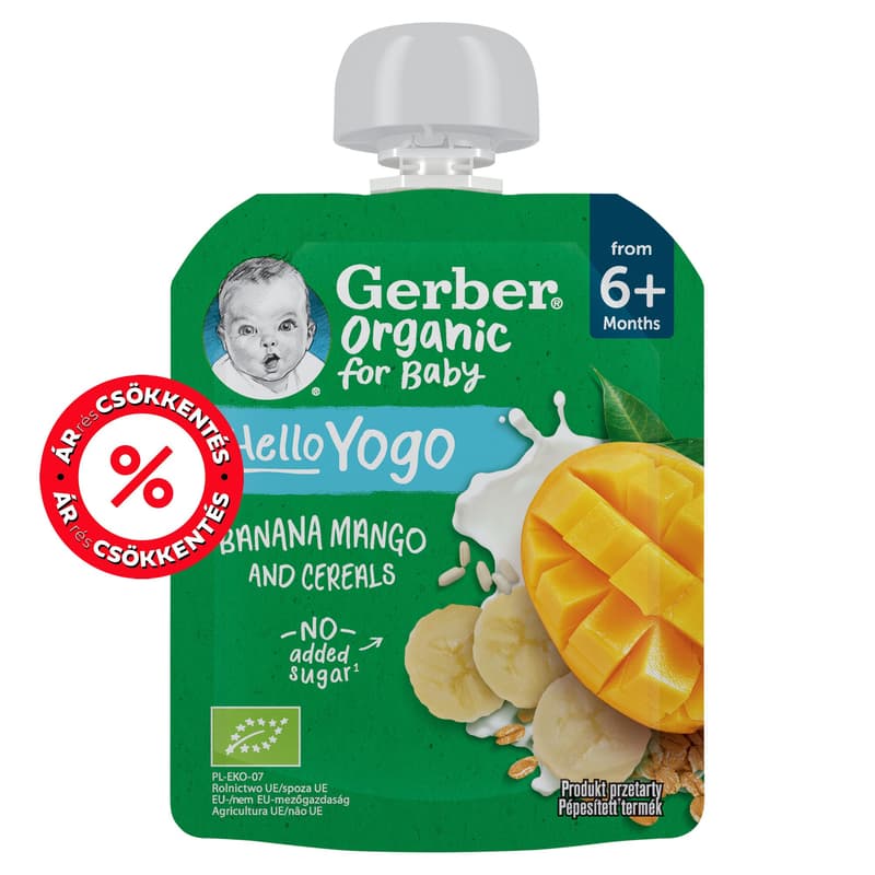Gerber bio banán-mangó gyümölcspüré fermentált tejkészítménnyel és gabonával 80g