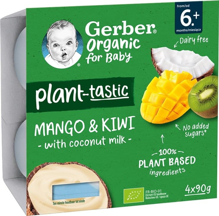 Gerber kókusztej alapú mangó-kiwi ízű bio babadesszert