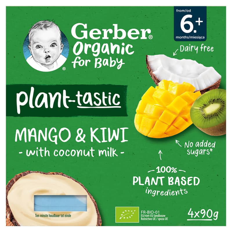 Gerber kókusztej alapú mangó-kiwi ízű bio babadesszert