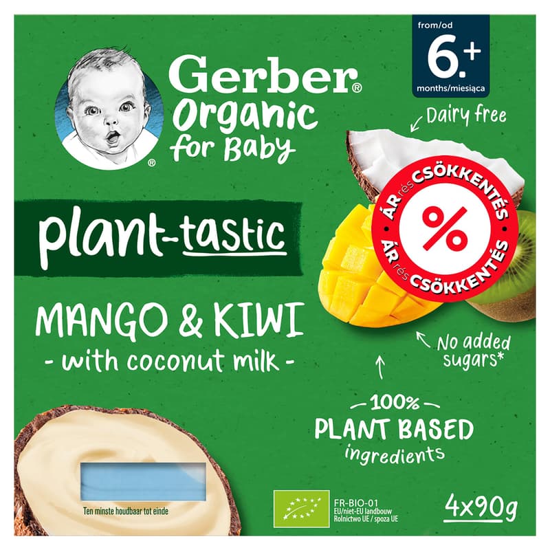 Gerber kókusztej alapú mangó-kiwi ízű bio babadesszert