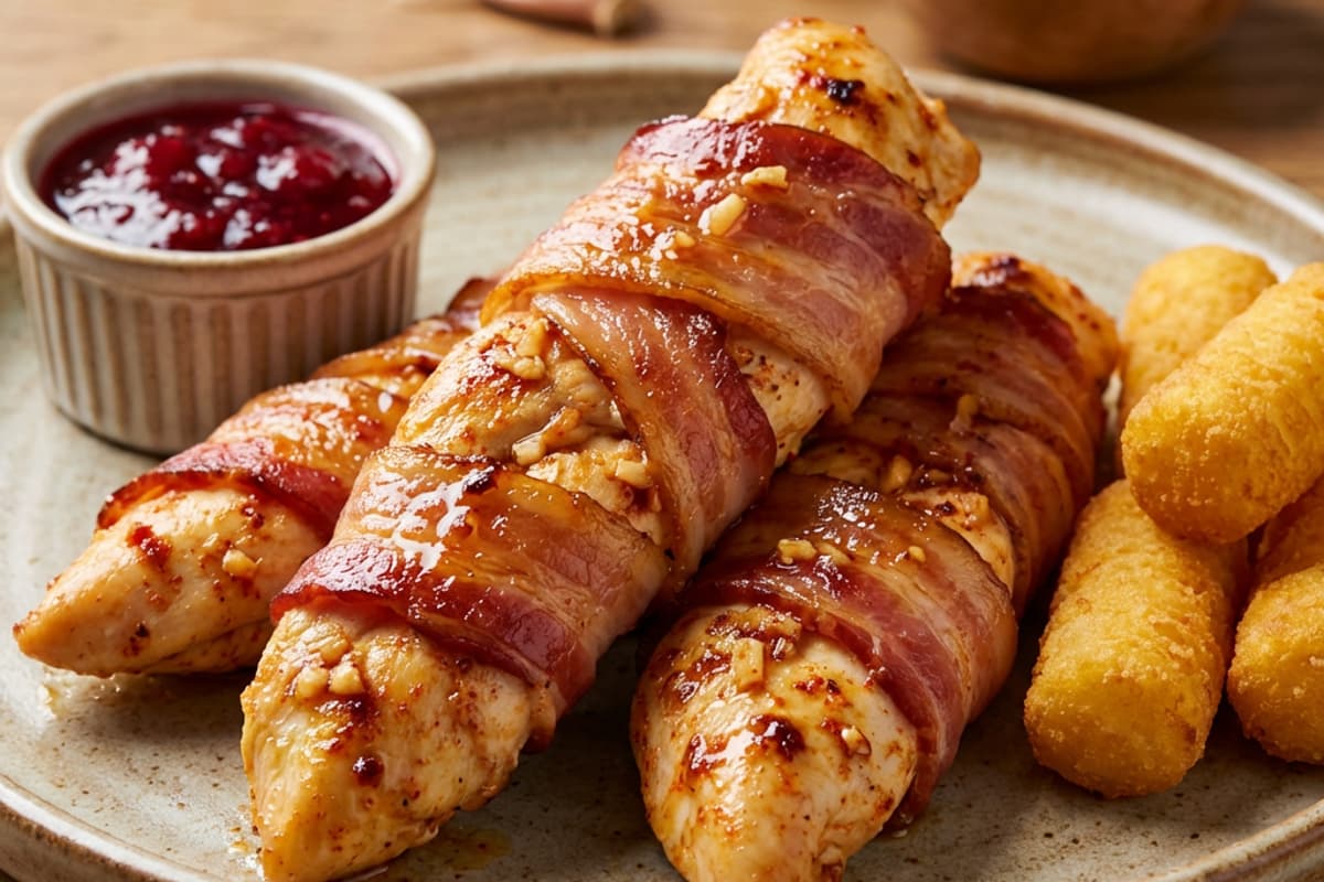 Delicious chicken breast braided with bacon