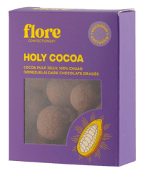 Flore Confectionery Holy Cocoa dragée: cocoa juice jelly, 100% Chuao (Venezuela) dark chocolate dragée