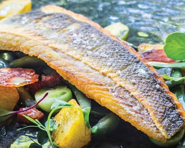 Branzino filé langyos zöldbabsalátával, sonka chips-szel