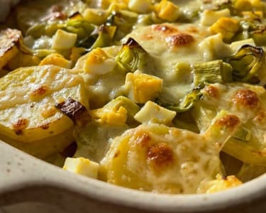 Póréhagymás rakott burgonya főtt tojással