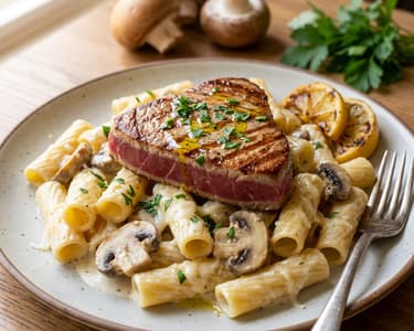 Tejszínes gombás rigatoni vörös tonhallal