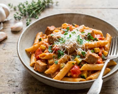 Sertéshúsos zöldséges penne