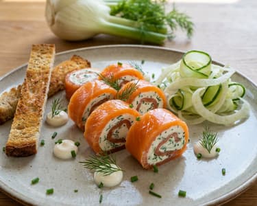 Kapros krémsajttal töltött füstölt lazac, marinált édesköménnyel és uborkával