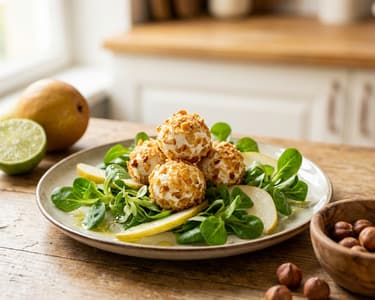 Kecskesajt bonbon grillázsba forgatva, madársalátával és körtével