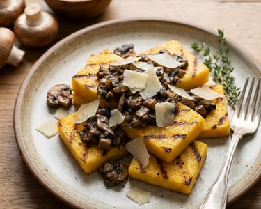 Grilled Polenta with Sautéed Wild Mushrooms and Aged Cheeses