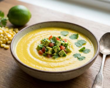 Kukorica-krémleves avokádósalsával
