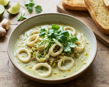 Thai kókusztejes tintahal, bagetten, friss zöldfűszerekkel