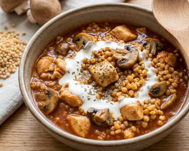 Csirkepörkölt pirított gombával és tarhonyával