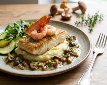 Fogasfilé garnélával, sonka ropogóssal, erdei gombamártással, burgonyapürével