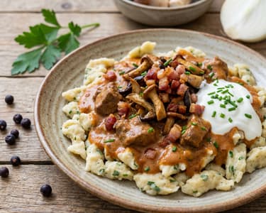 Villányi vaddisznó “Bakonyi” módra, snidlinges galuskával