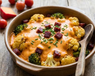 Csőben sült zöldségek téliszalámis vörös cheddarmártással