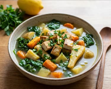 Téli vegán zöldség “főzelék” tofuval 
