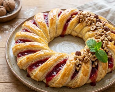 Gyümölcsös koszorú leveles tésztából