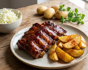 Ragacsos oldalas káposztasalátával, steak burgonyával