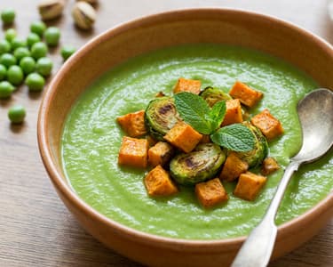 Mentás zöldborsókrémleves sült zöldségekkel
