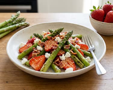 Spárga saláta fetával, eperrel, baconnel