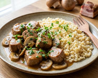 Gombás aprópecsenye fehér tarhonyával