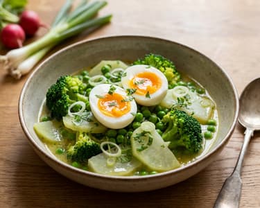 Főzelék friss zöldségekből, tanyasi tojással