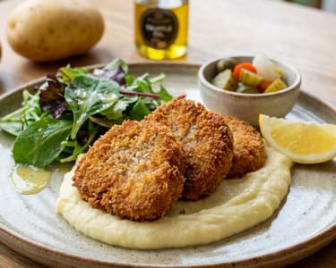 Rántott borjúérmék, szarvasgombás pürével