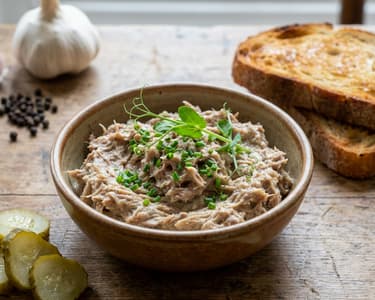 Rilette, kovászos pirítóssal, kovászos uborkával