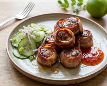 Bacon-be göngyölt csirkemáj, édes chilivel, marinált uborkával