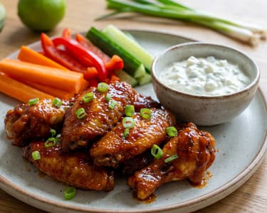 Chilis csirkeszárnyak kéksajtos majonézzel, zöldségekkel