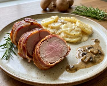 Baconbe tekert sertésszűz rakott burgonyával