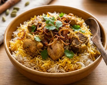 Rétegezett Hyderabadi Csirke és Bárány Biryani